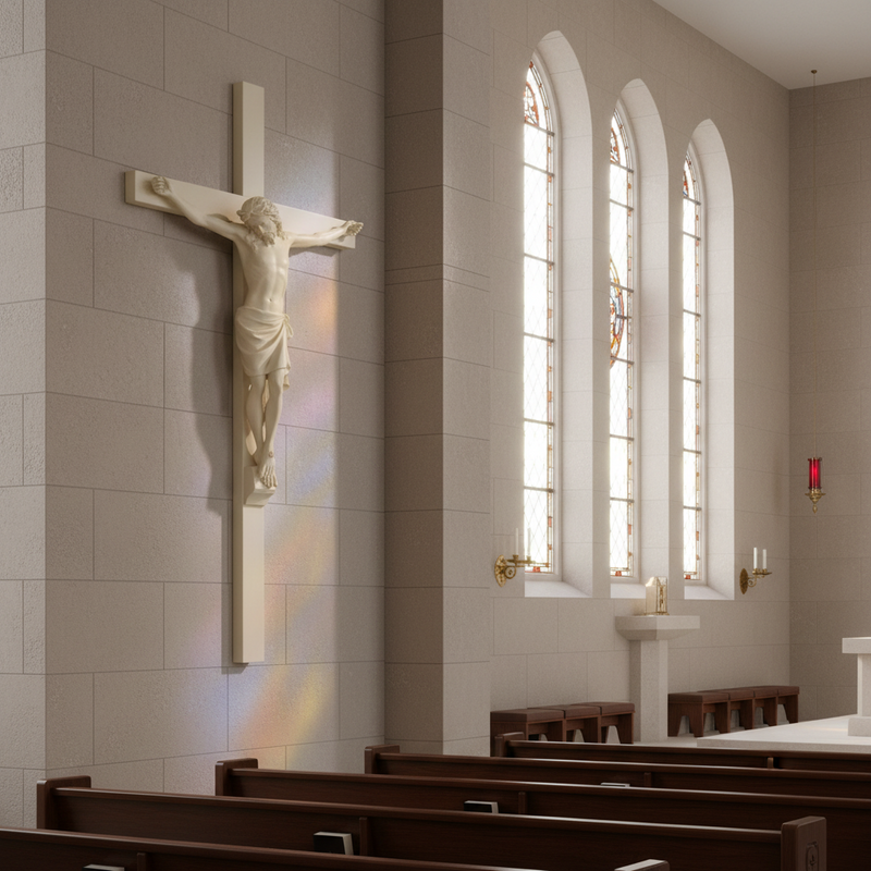 Crucifix featuring a classical depiction of Jesus Christ with outstretched arms in an ornate, old world European style. Side Angle