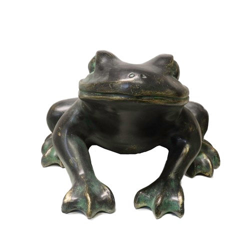 Frog sculpture with smooth, rounded features in an old world European style, evoking classical and Renaissance influences. Side View