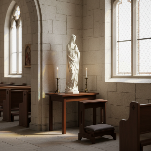 Virgin Mary statue in classical old world European style with ornate detailing, hands in prayer, and flowing draped robes. Side Angle