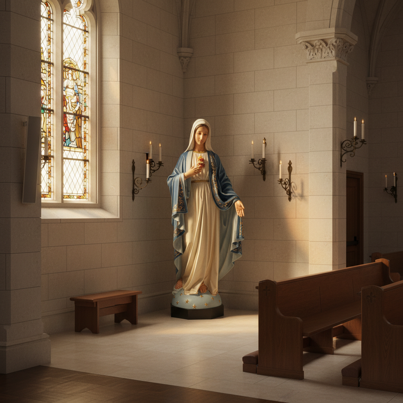 Sacred Heart of Mary statue in classical old world European style, ornate blue and white robes, serene expression, Renaissance detailing Side Angle