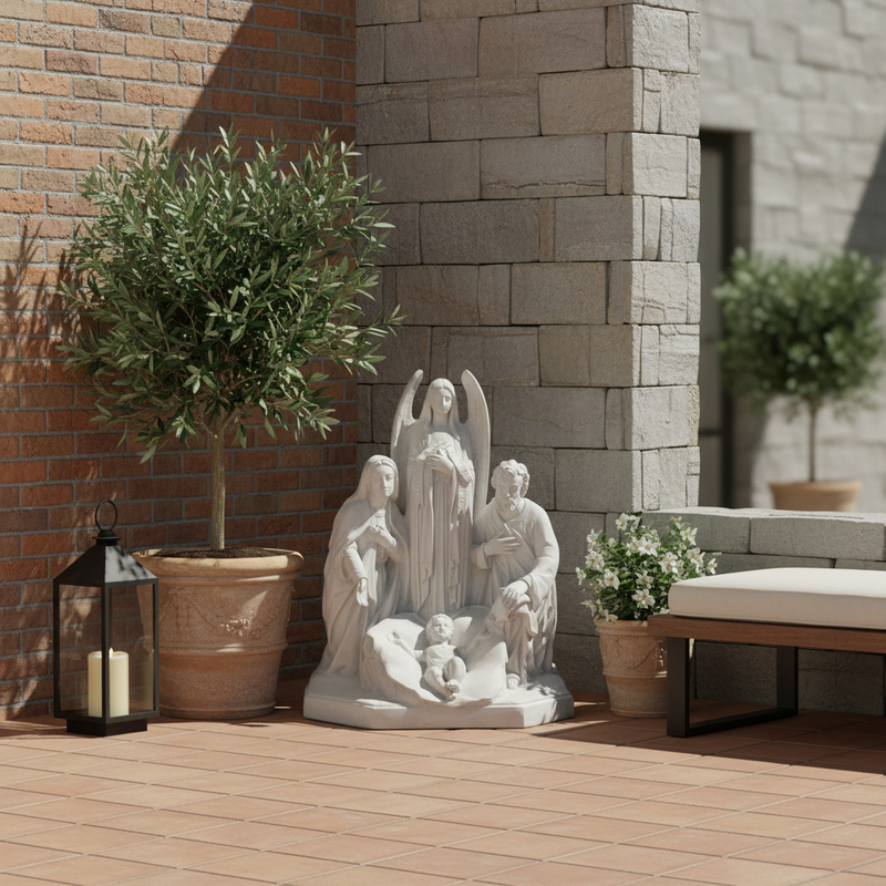 Nativity scene with Holy Family and angel, featuring classical and Renaissance-inspired ornate detailing and serene expressions. Side Angle
