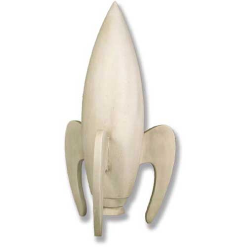Rocket sculpture with smooth, streamlined form and three curved legs, featuring a minimalist, old world European retro-futuristic style.