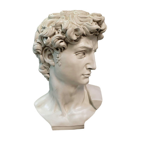 Classical Renaissance bust with intricate curls and strong features, inspired by old world European sculpture. Side View