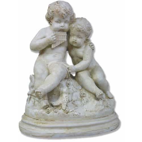 Cherubs in classical Baroque style, one playing pan flute, seated together on ornate pedestal with floral detailing.