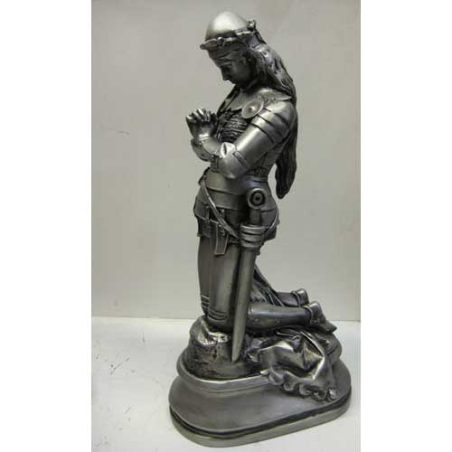 Kneeling medieval knight in ornate armor, hands clasped in prayer, classical old world European style with Gothic detailing. Side View