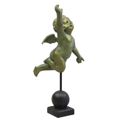 Reaching cherub statue on a orb base.