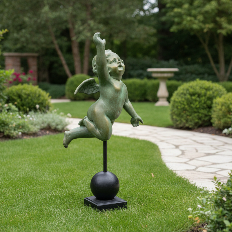 Winged Cherub on Orb Base Outdoor Statue (20-Inch)