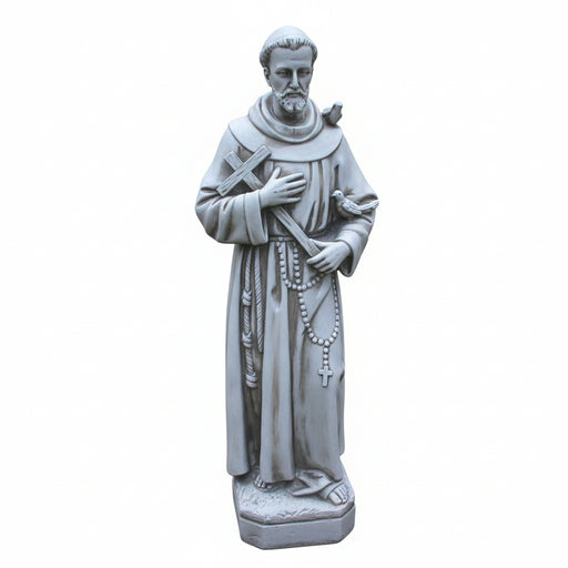 Saint Francis statue in classical old world European style, holding a cross and rosary, adorned with birds, featuring ornate details.