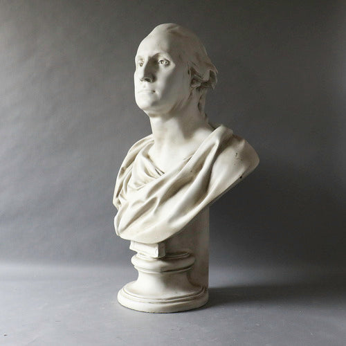Classical bust sculpture with draped robes, inspired by old world European and Renaissance styles, featuring detailed, lifelike features. Side View