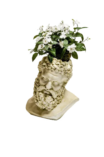 Classical Greek-style bust planter with ornate curly hair and beard, featuring white flowers and green foliage emerging from the top