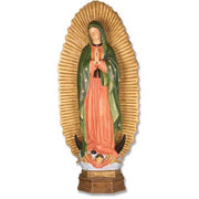 Virgin Mary statue in classical old world European style, ornate gold halo, hands in prayer, standing on crescent moon with angel.