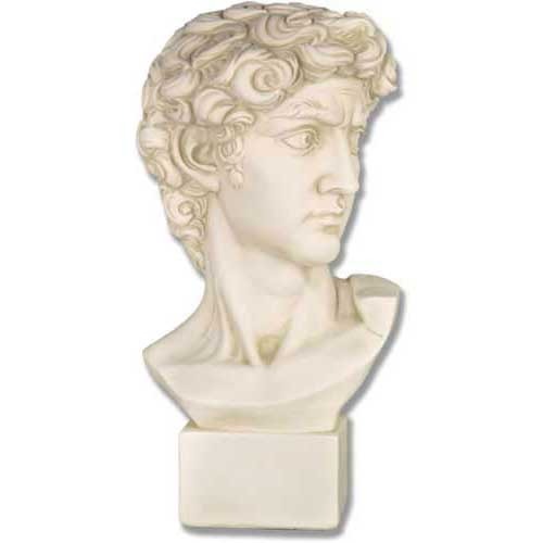 Classical Renaissance bust of a young man with curly hair and strong features, inspired by old world European sculpture.