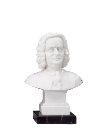 Classical Baroque bust of a man with curled hair and formal attire, displayed on a square pedestal with ornate detailing.