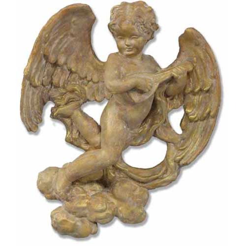 Standing cherub with large wings playing a lute on a cloud-like base.