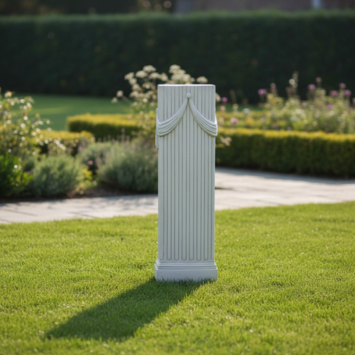 Fluted classical column pedestal with ornate draped swag detail, inspired by old world European and Greek architectural styles. Side Angle