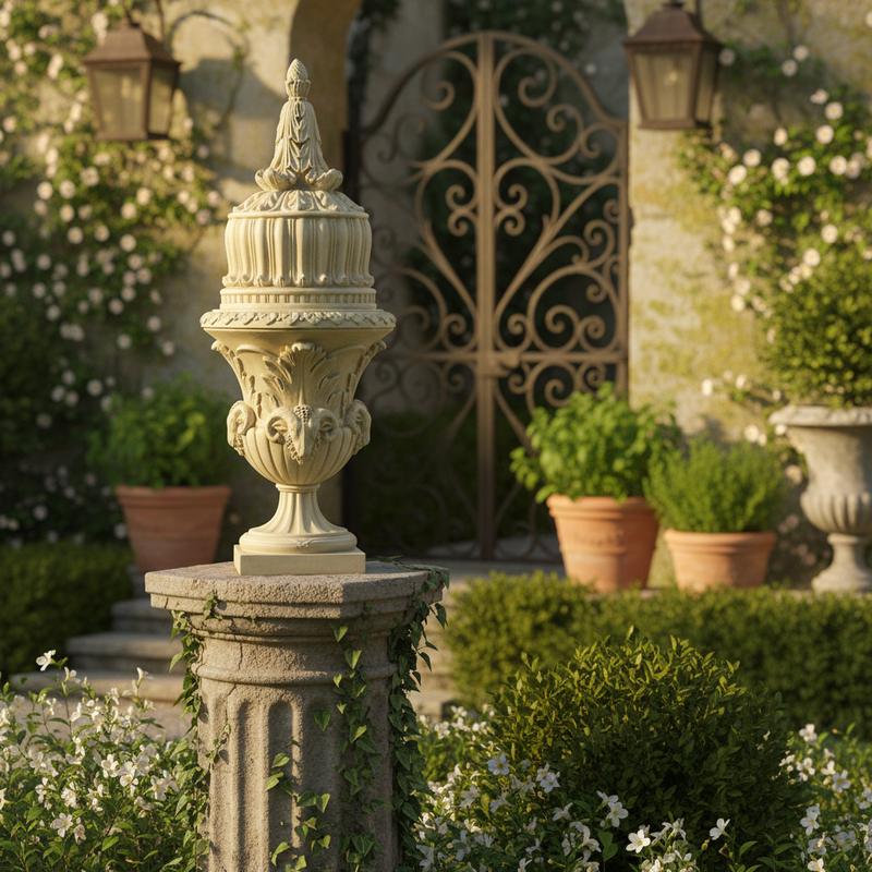 Ornate Baroque urn with classical acanthus leaf motifs, intricate relief details, and a tall, sculpted finial lid. Side Angle