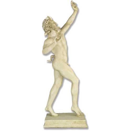 Classical Greek-style male statue with ornate details, dynamic pose, and expressive features, evoking ancient mythological themes.