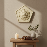 Pentagonal ornate ceiling medallion with classical Baroque floral relief and intricate old world European detailing. Side View