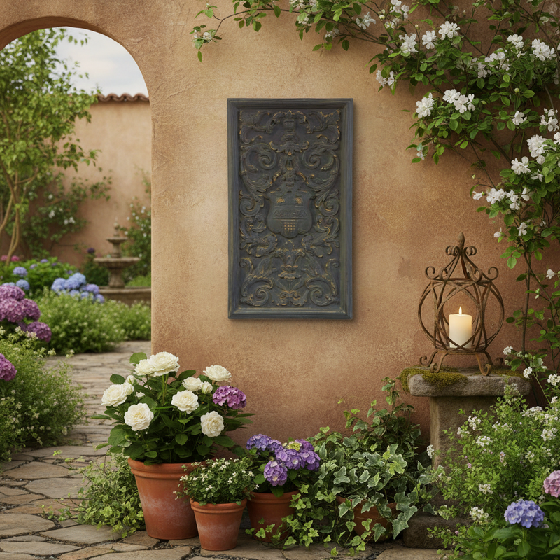Renaissance Shield Panel Outdoor Statue (27 - Inch) Side Angle