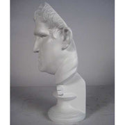 Classical Greco-Roman style male bust with strong features and short wavy hair on an ornate pedestal base. Side View