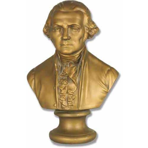 Classical old world European bust with ornate detailing, featuring a solemn male figure in Renaissance-style attire on a pedestal.