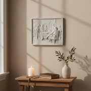 Classical bas-relief panel depicting a group of men in ornate 18th-century attire gathered around a table in a stately interior. Side Angle