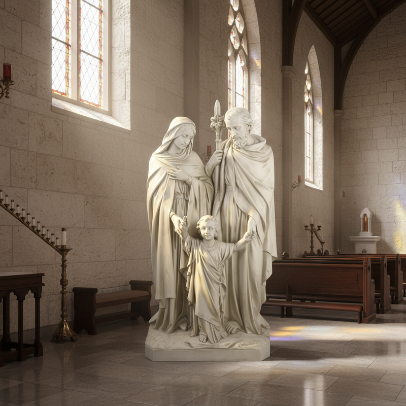 Holy family statue in classical old world European style with ornate drapery and serene expressions, featuring three standing figures. Side Angle