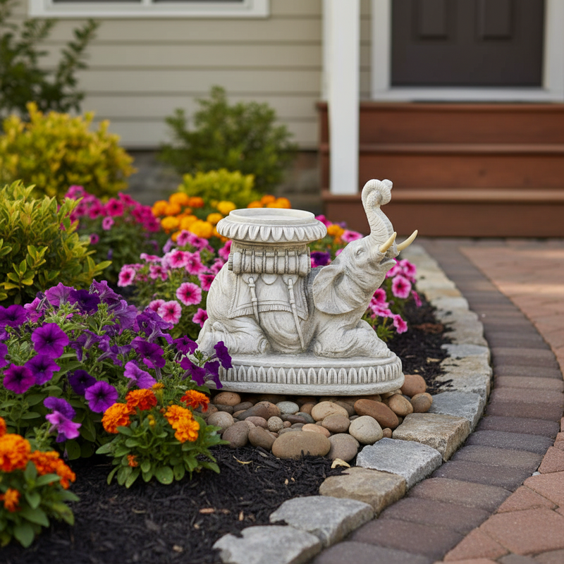 Elephant-shaped pedestal with ornate classical detailing and old world European accents, featuring Baroque-inspired decorative patterns. Side Angle