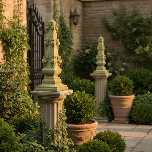 Ornate old world European pedestal with classical lion head motifs and weathered, moss-accented Baroque architectural details. Side Angle