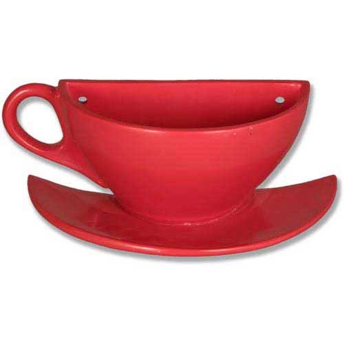 Teacup-shaped wall planter with a classical silhouette and ornate old world European charm, featuring a matching saucer base.