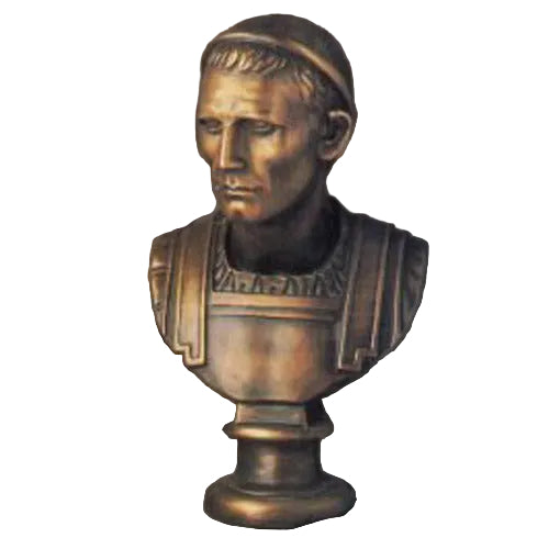 Classical Renaissance-style male bust with ornate armor and solemn expression, featuring old world European sculptural details.