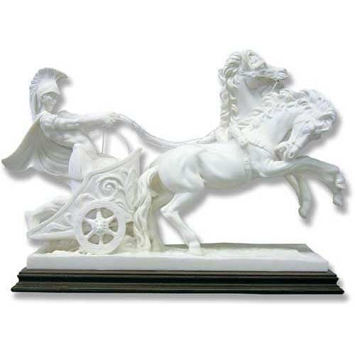 Greek classical charioteer in ornate armor driving two rearing horses, detailed in old world European sculptural style.