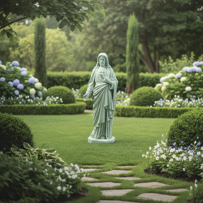 Sacred Heart of Jesus statue in classical old world European style with flowing robes and ornate detailing, standing on a pedestal. Side View