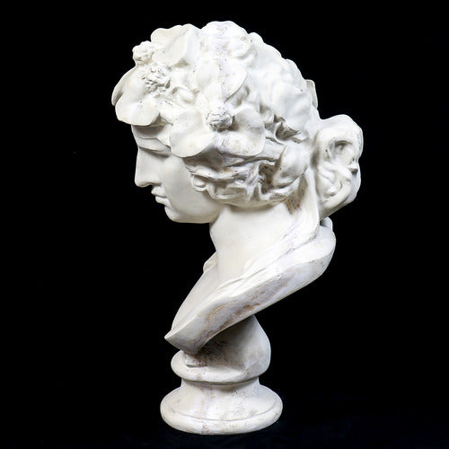 Classical Greco-Roman style bust with ornate floral crown and serene facial expression, inspired by Renaissance sculpture. Side View