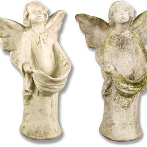 Standing angels with calm facial expressions holding wide, shallow bowls on integrated bases.