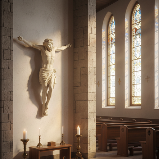 Crucifix statue featuring Jesus with outstretched arms, classical Renaissance style, detailed drapery, and expressive facial features. Side Angle