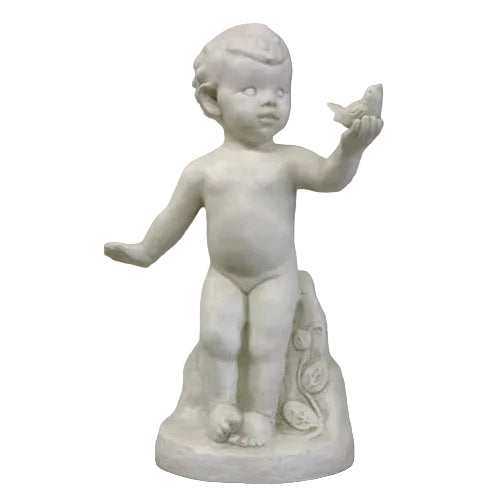 Cherub statue in classical Renaissance style holding a bird, standing beside ornate foliage with delicate old world European detailing.