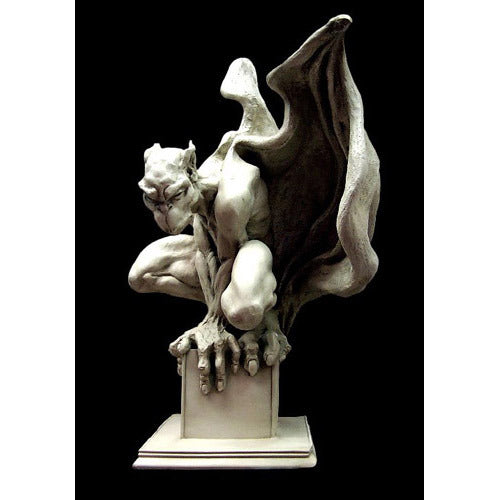Gothic gargoyle statue with outstretched wings, crouching posture, and ornate, medieval-inspired detailing on a square pedestal. Side View
