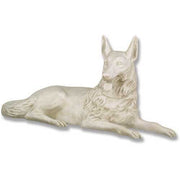 Reclining German Shepherd statue with classical, old world European detailing and ornate fur texture in a lifelike, regal pose.