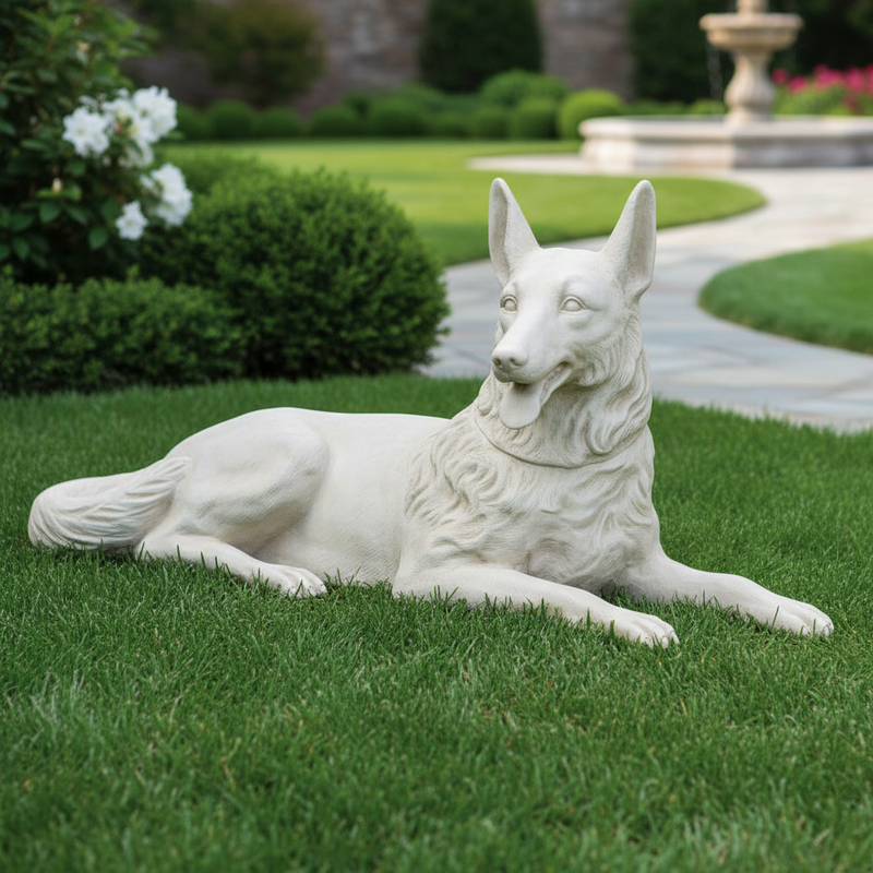 Reclining German Shepherd statue with classical, old world European detailing and ornate fur texture in a lifelike, regal pose. Side Angle