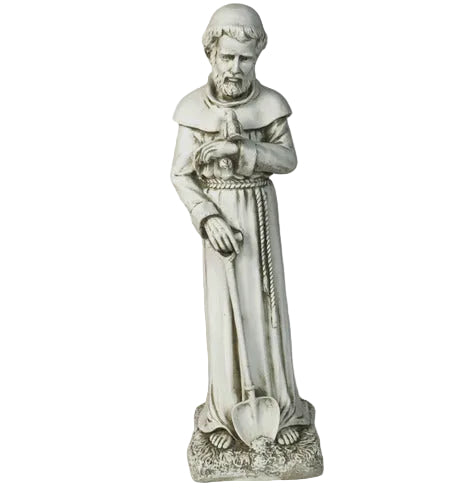 Saintly monk statue in classical old world European style, holding a bird and shovel, featuring ornate medieval robe details.