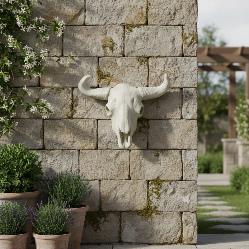 Cow Skull Garden Statue (7 - Inch) Side Angle