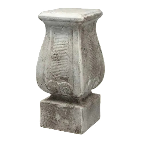 Ornate baluster with classical old world European design, featuring fluted details and subtle Baroque scrollwork on a square base.