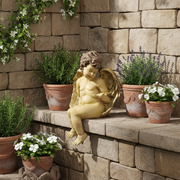 Sitting Winged Cherub Outdoor Statue (10 - Inch) Side Angle