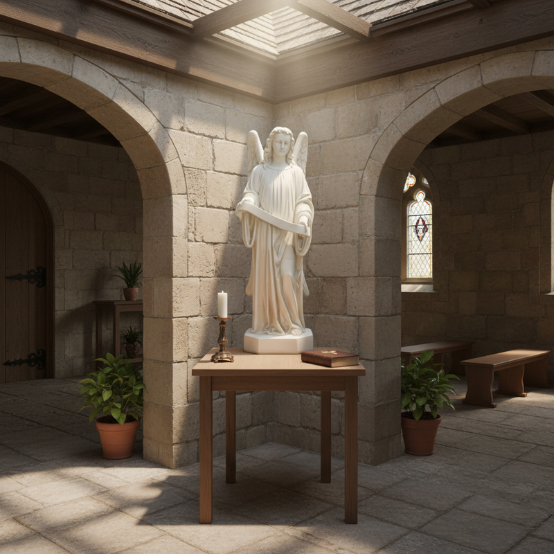 Angel Holding Scroll Outdoor Statue (49 - Inch) Side Angle