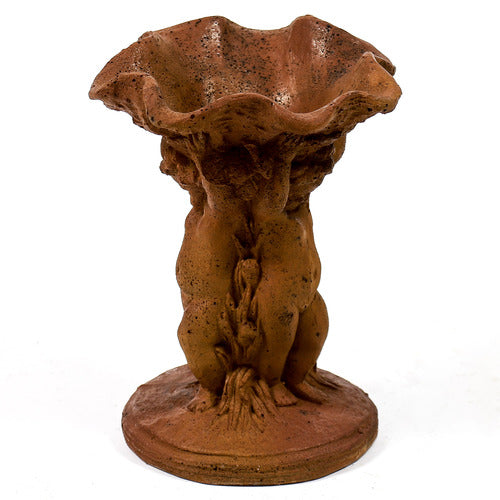 multiple cherubs supporting a large, ruffled bowl on a round base.