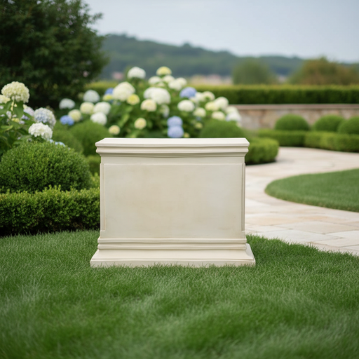 Classical pedestal with clean lines, stepped base, and subtle old world European architectural detailing. Side Angle