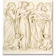 Bas-relief of classical figures in flowing robes playing lutes, surrounded by cherubs, in an ornate Renaissance style.