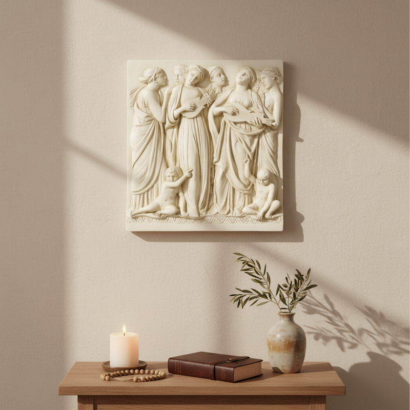 Bas-relief of classical figures in flowing robes playing lutes, surrounded by cherubs, in an ornate Renaissance style. Side View