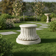 Classical pedestal base with fluted column design and ornate egg-and-dart detailing, inspired by old world European architecture. Side Angle